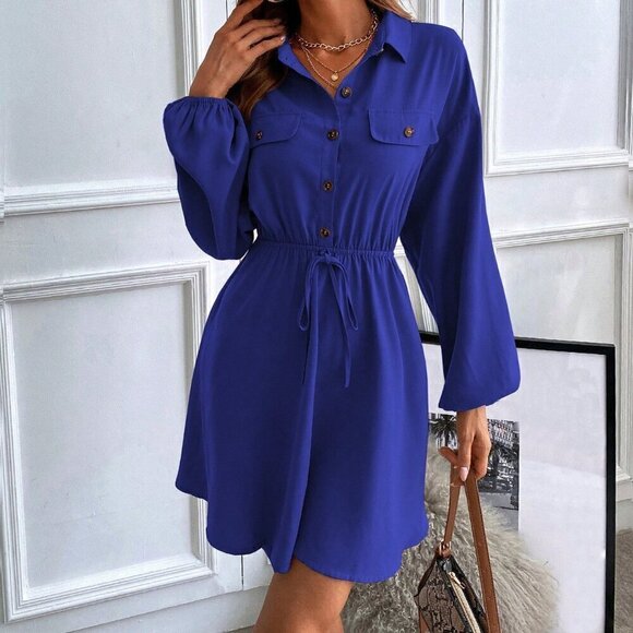 Dresses & Skirts - Blue Casual Women's Flap Detail Lantern Sleeve Shirt Dress Without Belt